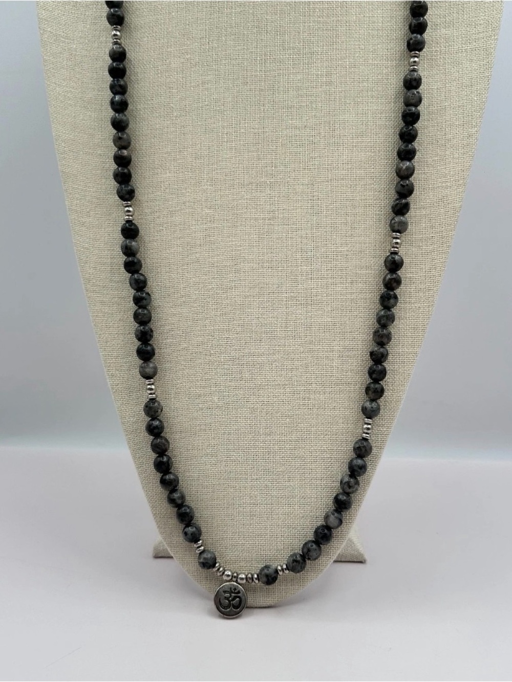 Gray Obsidian Beaded Necklace w/ Ohm Pendant Silver Spacers Yoga Buddhist Mala - Picture 2 of 6